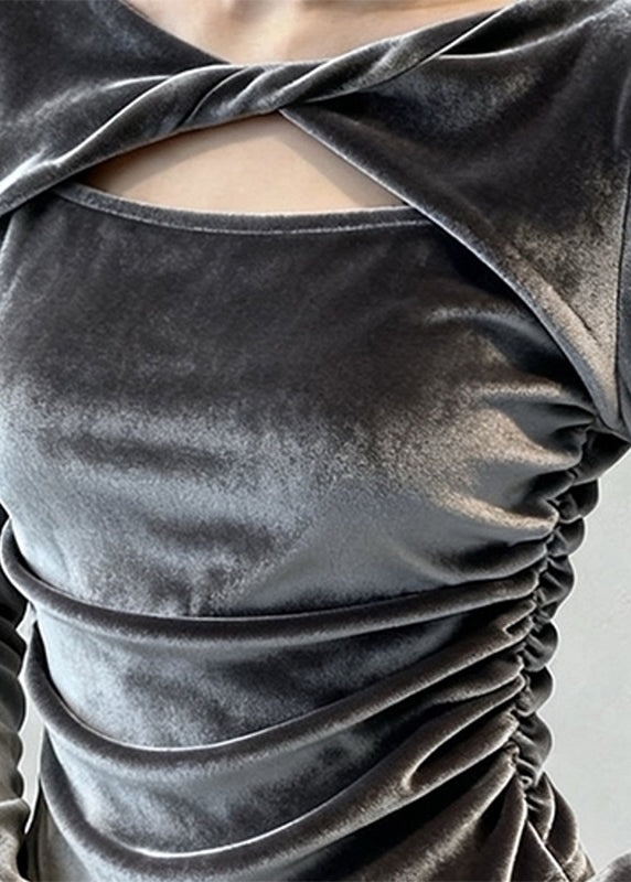 Sexy Grey Patchwork Hollow Out Silk Velour Tops Fall