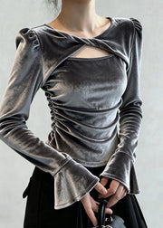 Sexy Grey Patchwork Hollow Out Silk Velour Tops Fall