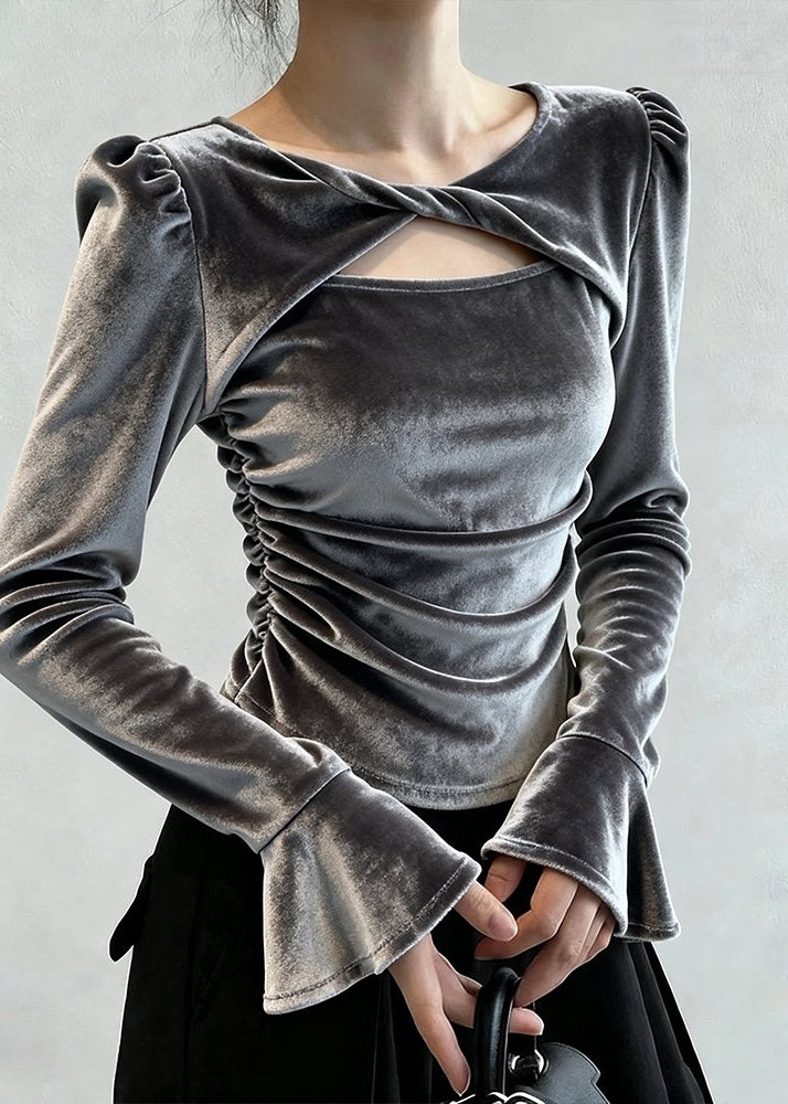Sexy Grey Patchwork Hollow Out Silk Velour Tops Fall