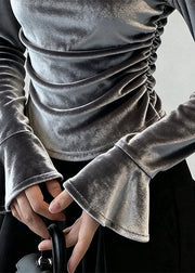 Sexy Grey Patchwork Hollow Out Silk Velour Tops Fall