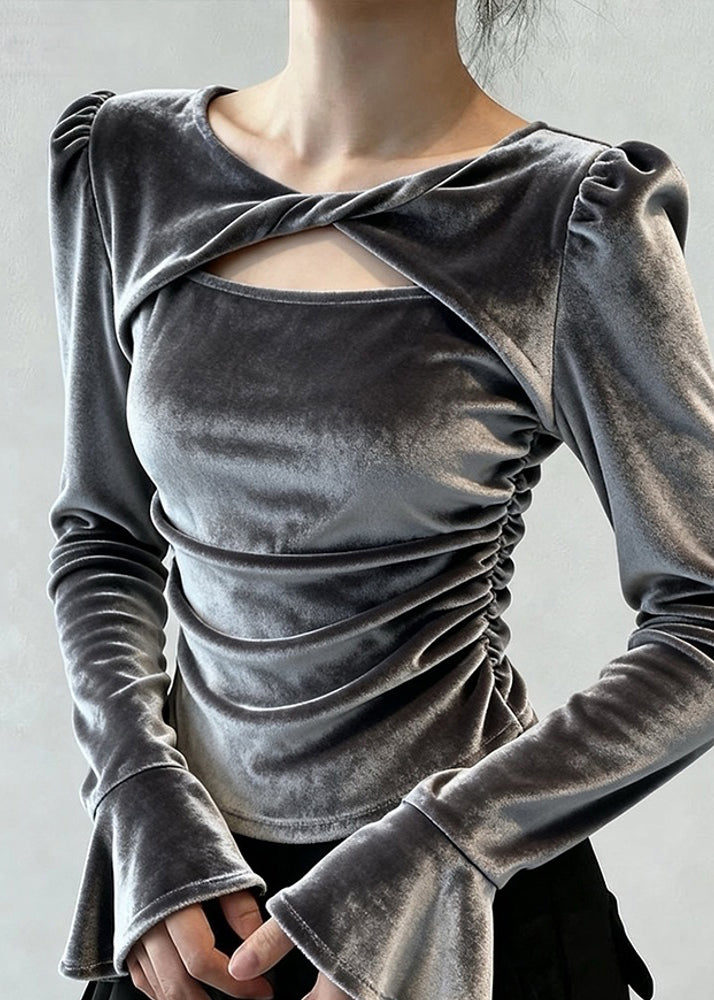 Sexy Grey Patchwork Hollow Out Silk Velour Tops Fall