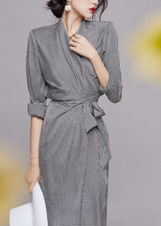 Sexy Grey V Neck Plaid Tie Waist Chiffon Dresses Long Sleeve