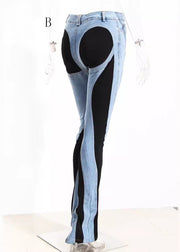 Sexy Hollow Out Tulle Patchwork Denim Trousers Fall