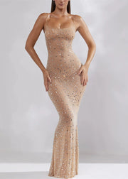 Sexy Khaki Cold Shoulder Zircon Tulle Spaghetti Strap Dress Sleeveless
