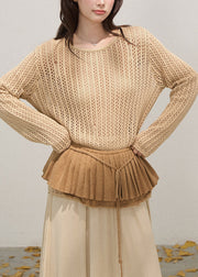 Sexy Khaki Hollow Out Knit Pullover Tops Fall