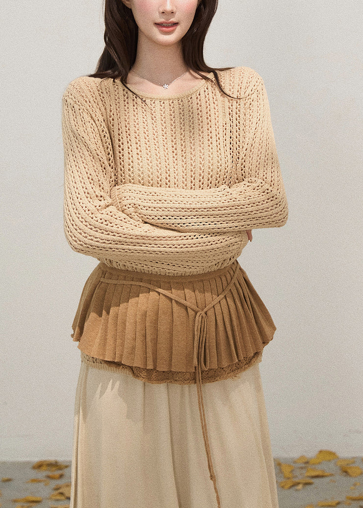 Sexy Khaki Hollow Out Knit Pullover Tops Fall