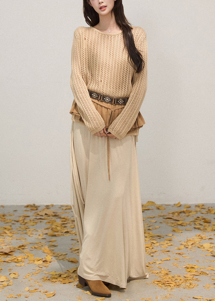 Sexy Khaki Hollow Out Knit Pullover Tops Fall