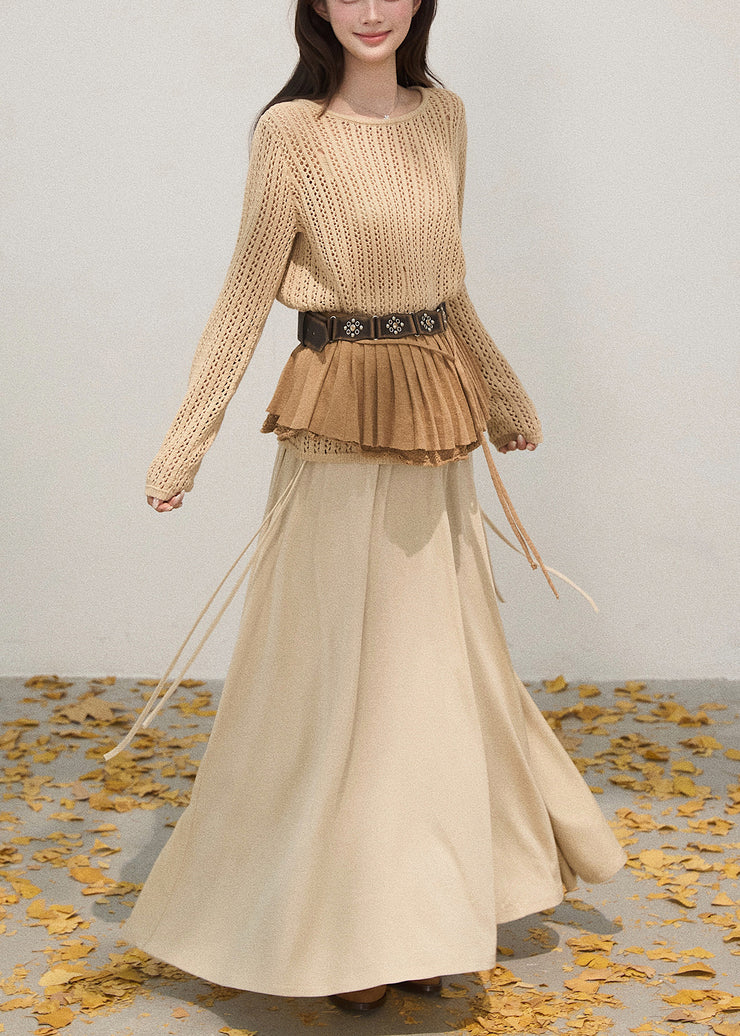 Sexy Khaki Hollow Out Knit Pullover Tops Fall