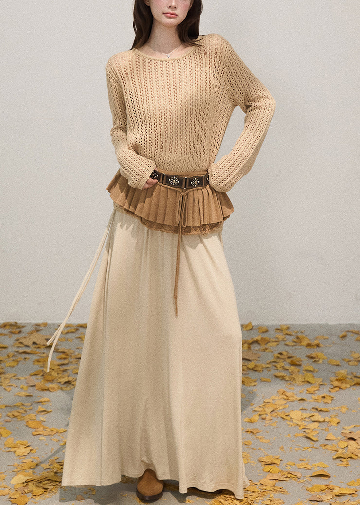 Sexy Khaki Hollow Out Knit Pullover Tops Fall
