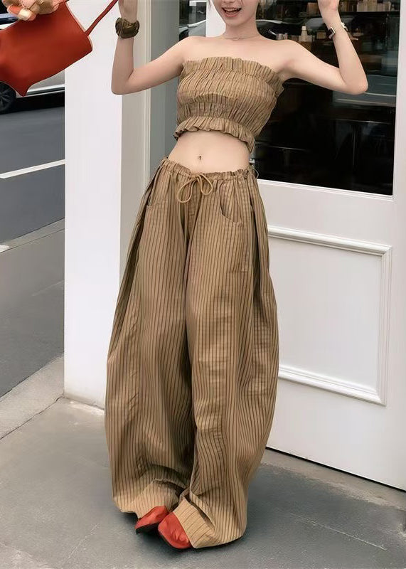 Sexy Khaki Plaid Cold Shoulder Cotton Two Pieces Set Summer