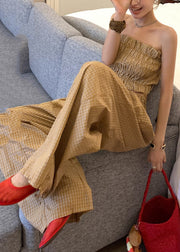 Sexy Khaki Plaid Cold Shoulder Cotton Two Pieces Set Summer