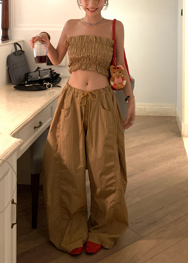 Sexy Khaki Plaid Cold Shoulder Cotton Two Pieces Set Summer