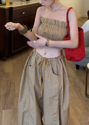 Sexy Khaki Plaid Cold Shoulder Cotton Two Pieces Set Summer