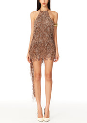 Sexy Leopard Asymmetrical Tasseled Party Dress Sleeveless