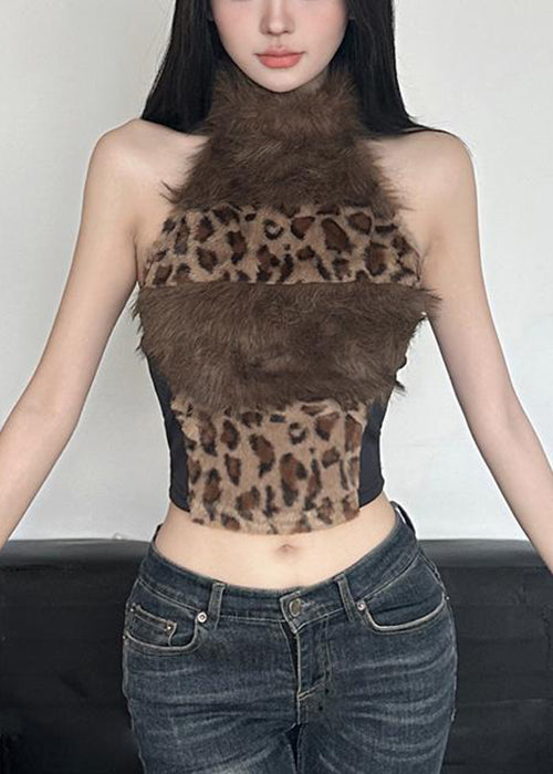 Sexy Leopard Backless Fluffy Patchwork Tanks Summer
