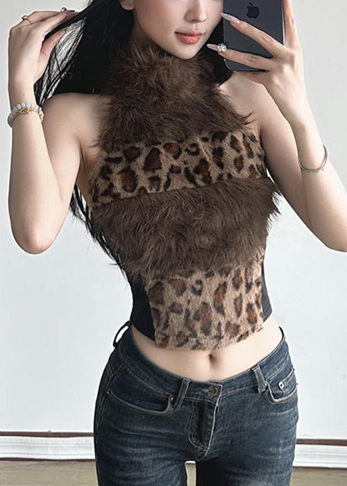 Sexy Leopard Backless Fluffy Patchwork Tanks Summer