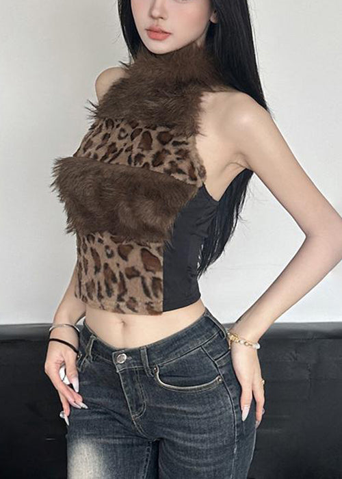 Sexy Leopard Backless Fluffy Patchwork Tanks Summer