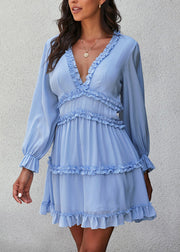 Sexy Light Blue Ruffled Patchwork Mid Dress Lantern Sleeve