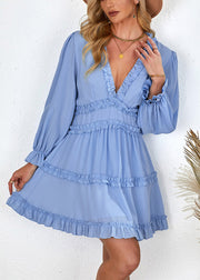 Sexy Light Blue Ruffled Patchwork Mid Dress Lantern Sleeve