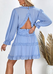 Sexy Light Blue Ruffled Patchwork Mid Dress Lantern Sleeve