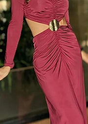 Sexy Mulberry Hollow Out Wrinkled Patchwork Cotton Long Dress Spring