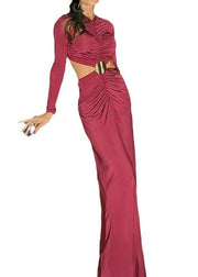 Sexy Mulberry Hollow Out Wrinkled Patchwork Cotton Long Dress Spring