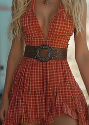 Sexy Orange Asymmetrical Plaid Cotton Mini Dresses Summer