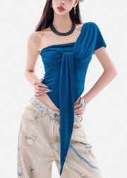 Sexy Peacock Blue Asymmetrical Backless Cotton Top Summer