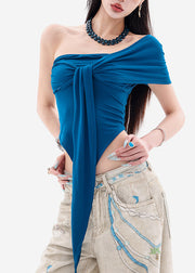 Sexy Peacock Blue Asymmetrical Backless Cotton Top Summer