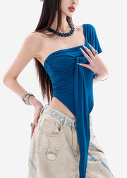 Sexy Peacock Blue Asymmetrical Backless Cotton Top Summer