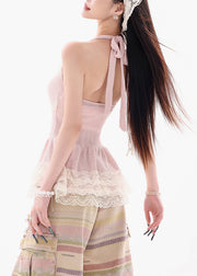Sexy Pink Backless Lace Patchwork Tank Sleeveless