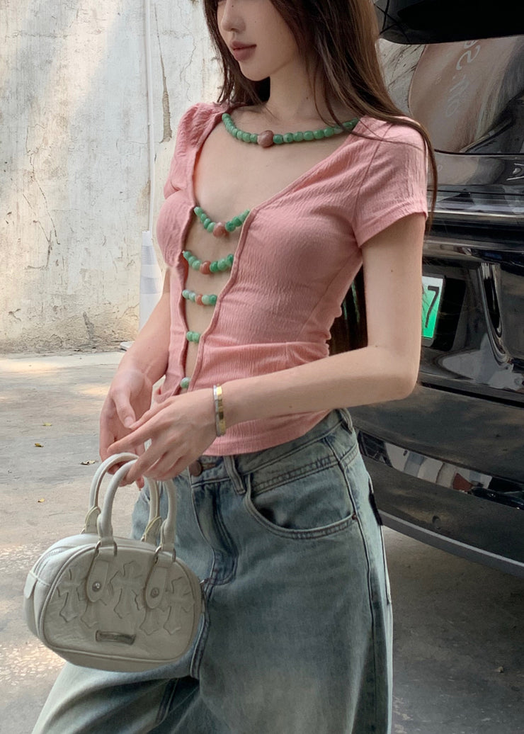 Sexy Pink Beading Wear On Both Sides Cotton T Shirts Summer