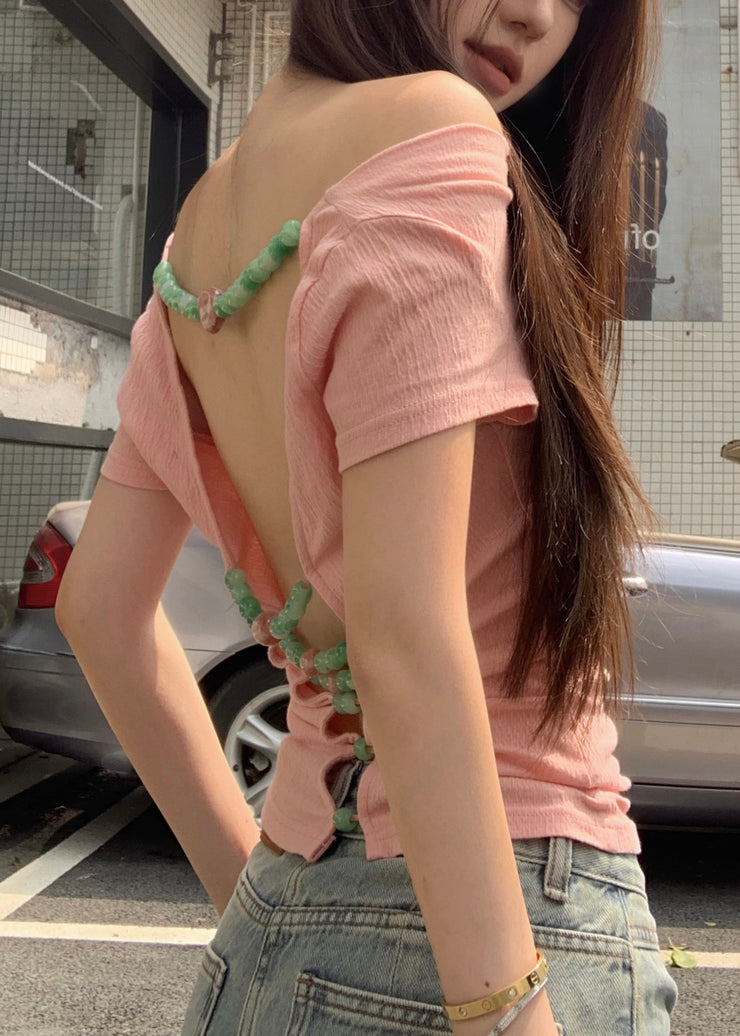 Sexy Pink Beading Wear On Both Sides Cotton T Shirts Summer