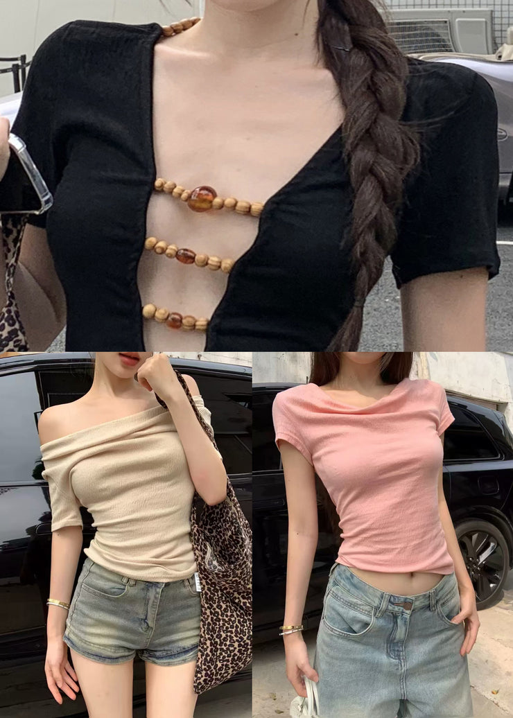 Sexy Pink Beading Wear On Both Sides Cotton T Shirts Summer