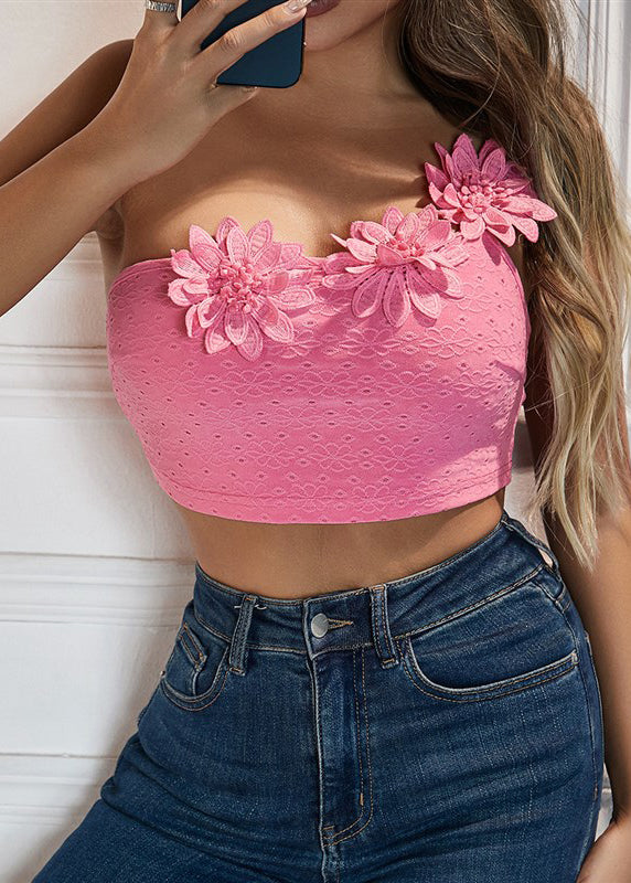 Sexy Pink Dimensional Flower Single Shoulder Camisole Top With