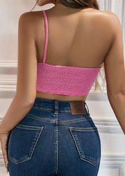 Sexy Pink Dimensional Flower Single Shoulder Camisole Top With