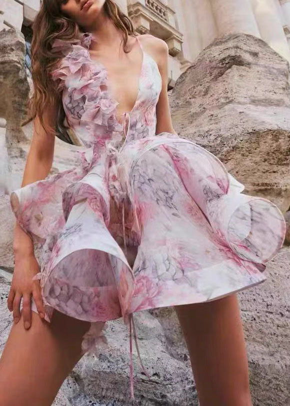 Sexy Pink Floral Backless Lace Up Cotton Mid Dress Summer