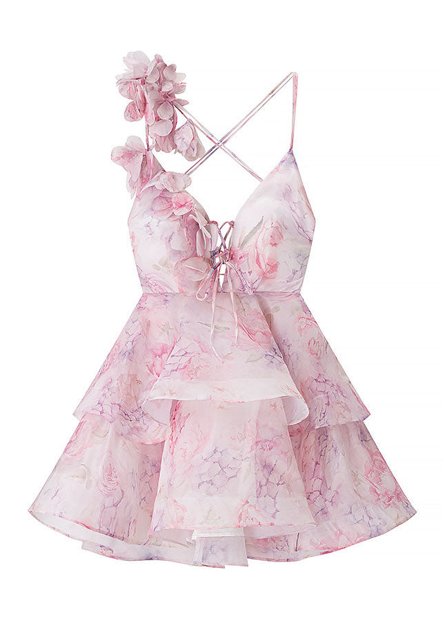 Sexy Pink Floral Backless Lace Up Cotton Mid Dress Summer