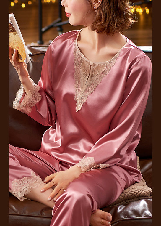 Sexy Pink Lace Patchwork Silk Pajamas Two Pieces Set