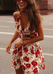 Sexy Red Backless Halter Print Cotton Mini Dresses Summer