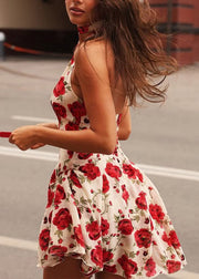 Sexy Red Backless Halter Print Cotton Mini Dresses Summer