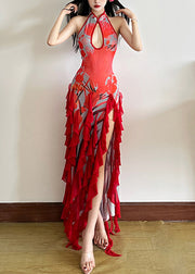 Sexy Red Backless Ruffled Side Open Tulle Long Dresses Summer