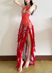 Sexy Red Backless Ruffled Side Open Tulle Long Dresses Summer