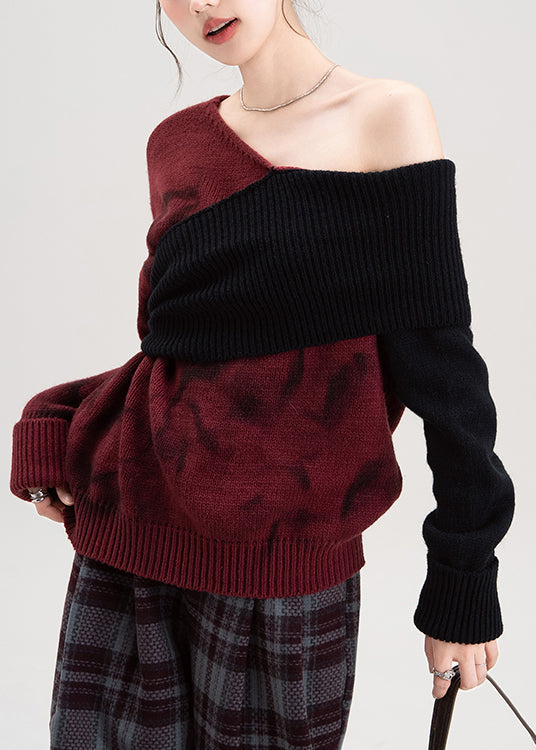 Sexy Red Cold Shoulder Patchwork Knit Sweaters Fall