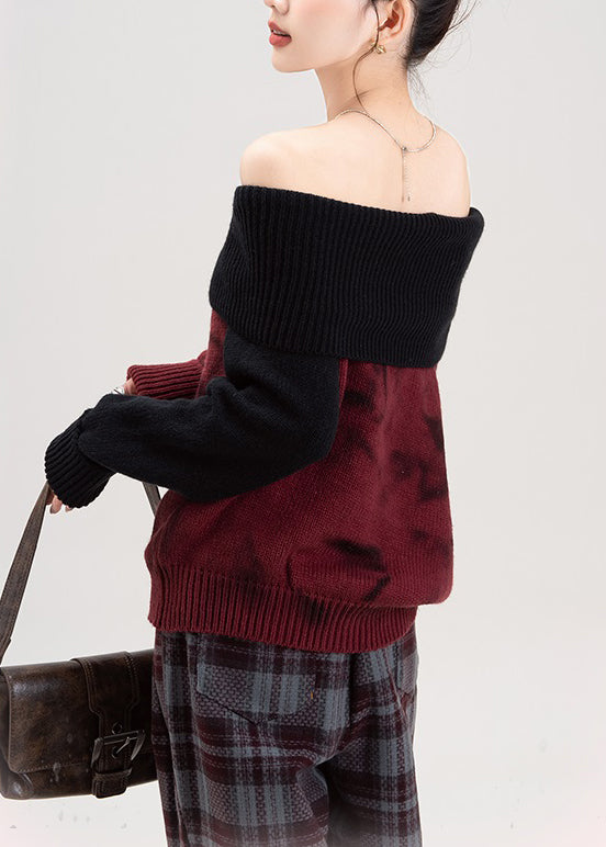 Sexy Red Cold Shoulder Patchwork Knit Sweaters Fall