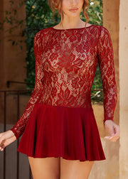 Sexy Red Hollow Out Solid Lace Mid Dress Spring