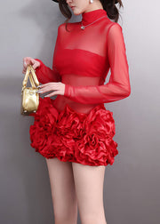 Sexy Red Patchwork Sheer Tulle Holiday Mid Dress Fall