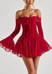 Sexy Red Slash Neck Bow Cotton Mid Dress Flare Sleeve