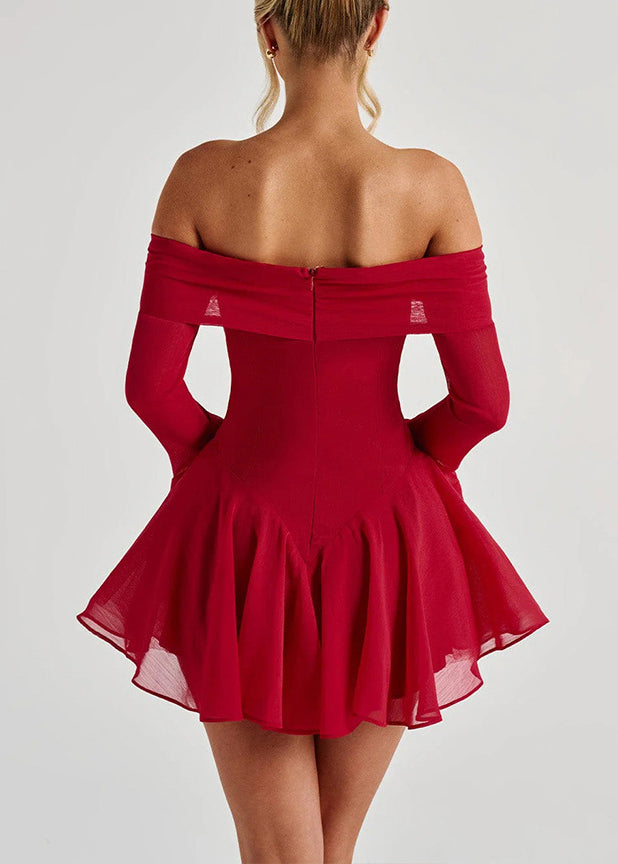Sexy Red Slash Neck Bow Cotton Mid Dress Flare Sleeve