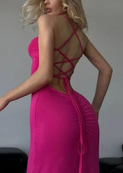 Sexy Rose Lace Up Side Open Cotton Spaghetti Strap Dress Sleeveless